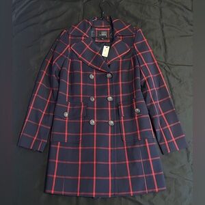 NWT The Limited Navy and Red Plaid Pea Coat